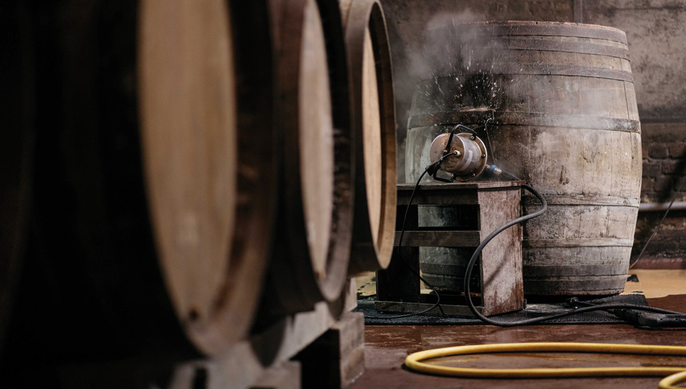 Steam treatment of a barrel in Oud Beersel brewery in Beersel, Belgium (Photo: Cliff Lucas)