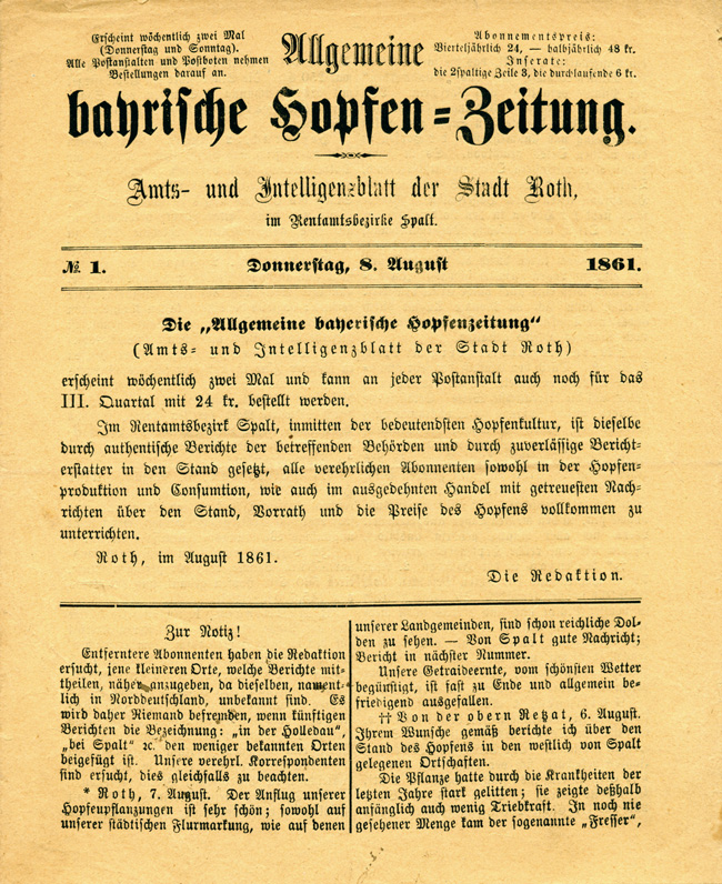 Die Erstausgabe der Allgemeinen Bayerischen Hopfenzeitung vom 8. August 1861 (Quelle: Archiv Fachverlag Hans Carl)
