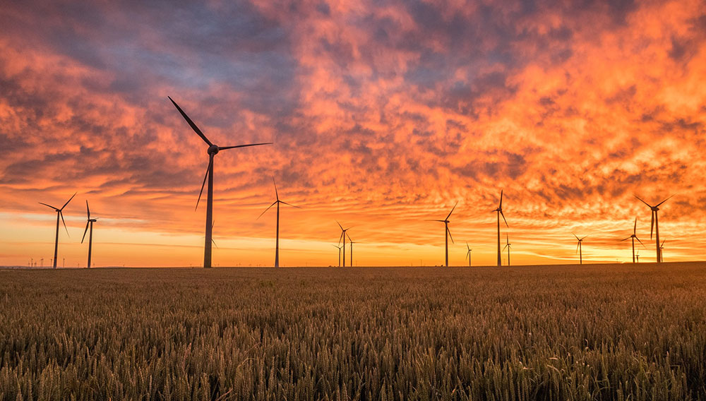 Energieerzeugung mit Windkraftanlagen vor Getreidefeld und Abendhimmel (Foto: Pexels auf Pixabay)