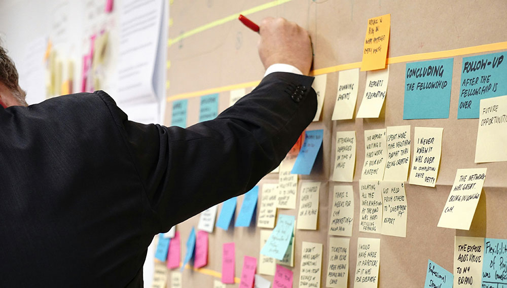 Mann an einer Wand mit Post-it-Zetteln (Foto: Jo Szczepanska auf Unsplash)