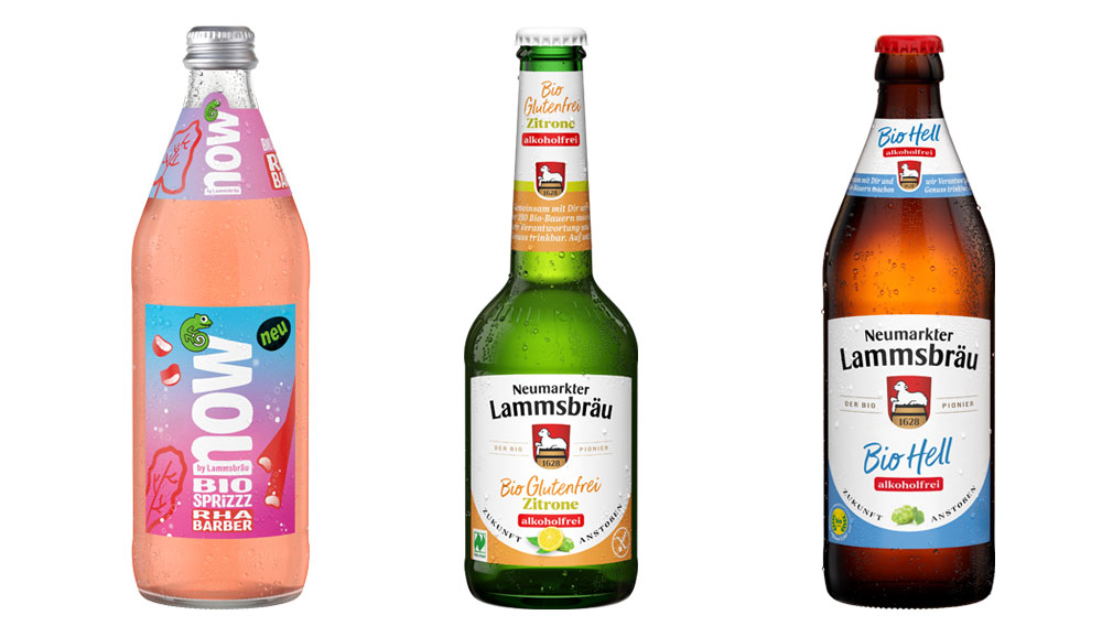 Neue Produkte der Neumarkter Lammsbräu: Neumarkter Lammsbräu Glutenfrei Zitrone alkoholfrei, Neumarkter Lammsbräu Bio-Hell alkoholfrei, now Bio Sprizzz Rhabarber (Foto: Neumarkter Lammsbräu)