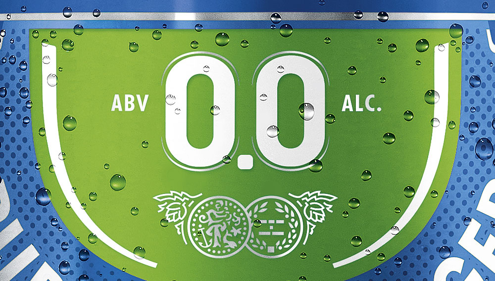Detailausschnitt aus einem Bier-Etikett, im Zentrum steht ABV 0.0 ALC